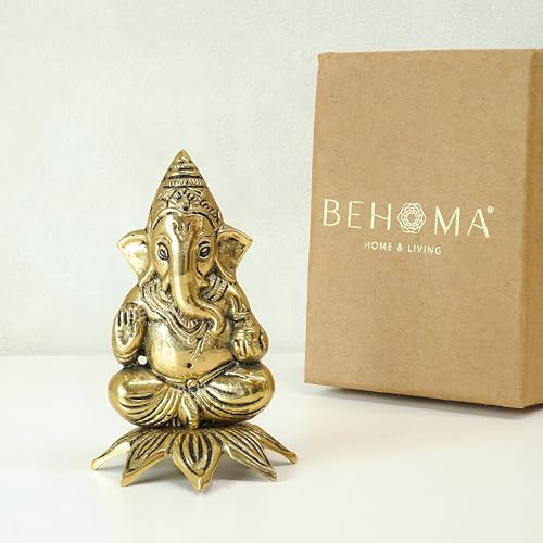 Image of BEHOMA Pure Brass Lord Ganesha Idol on Lotus Base with Gift Box | Ganesh Murti for Home Decor, Pooja Room, Office, Vastu & Diwali Gift