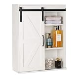 RUSTOWN Farmhouse Wood Wall Storage Bathroom Cabinet with Sliding Barn Door, Rustic Medicine Cabinet with Adjustable Shelf, 3-Tier Vintage Cabinet for Kitchen, Bathroom, Living Room (Vintage White)