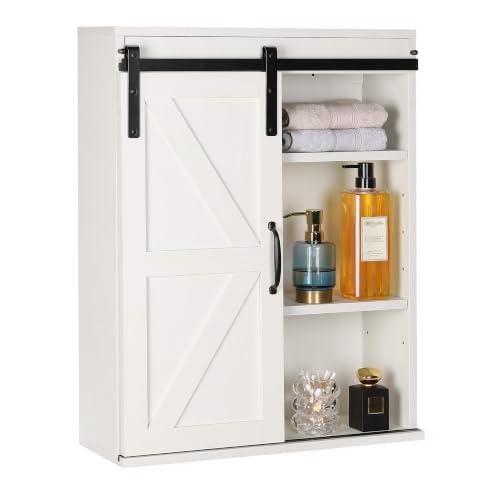 RUSTOWN Farmhouse Wood Wall Storage Bathroom Cabinet with Sliding Barn Door Rustic Medicine Cabinet with Adjustable Shelf 3-Tier Vintage Cabinet for Kitchen Bathroom Living Room (Vintage White)