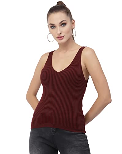 Image of Kalt Women Knitted, Ribbed Cotton Fitted Sleeveless V-Neck Cami Tank Top for Women Stylish