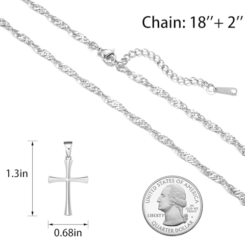 Small Cross Pendant Necklace for Women, 18" + 2" Wave Chain Stainless Steel2
