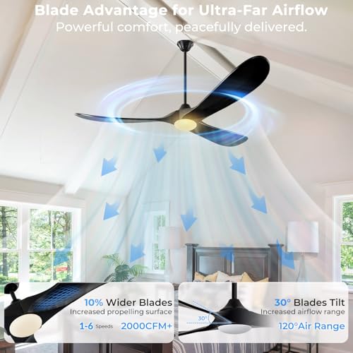 Image of Outdoor Ceiling Fans with Lights-Glass Lamp, 52 inch Damp Rated Wood Propeller Blades for Patios & Porch, Smart APP and Remote Control, 3 Blades Dimmable LED Ceiling Fans, High CFM 6 Speed-Black