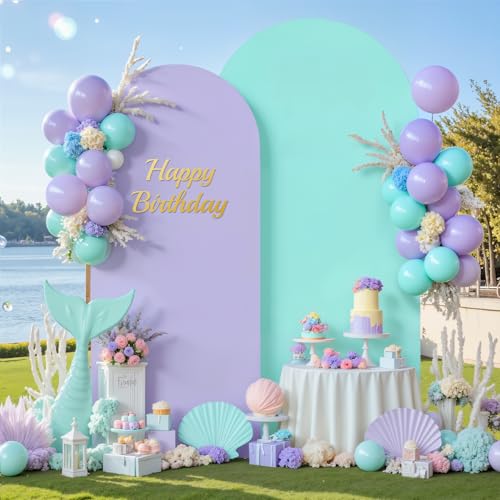 Image of Purple and Blue Arch Cover 2 Set-7.2FT and 6FT Arch Backdrop Cover Spandex Fitted Mermaid Arch Stand Covers for Under The Sea Birthday Party Wedding Baby Shower Ceremony Photo Background
