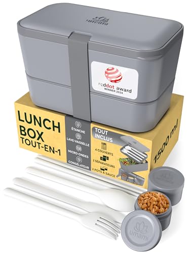 Umami Bento Lunch Box, Couverts & 2 Pots à Sauce Inclus, Boîte Repas Encastrable, Lunchbox Micro-Ondable, Boîte à Lunch Adulte Compartimentée, Bento Box, Vert...