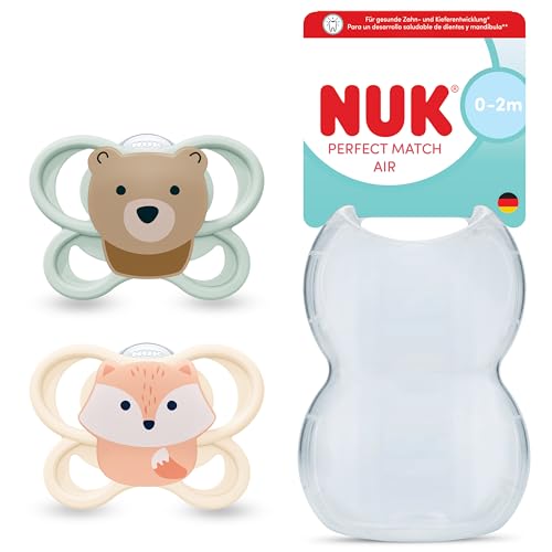 NUK Perfect Match Air Baby Schnuller | 0-2 Monate | Orthodontische Beruhigungssauger, die Luftzirkulation fördern & Speichel-Ausschlag verhindern | 95% Baby-Akzeptanz** | Bär/Fuchs | 2 Stück
