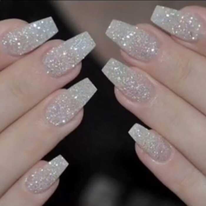 White Pearl Silver Glitter Press-On Nails | 24 Pcs Reusable Stick-On Nails Set | Easy Nail Glue Application Kit | Long-Lasting | Artificial Fake Nail Extensions for Women & Girls
