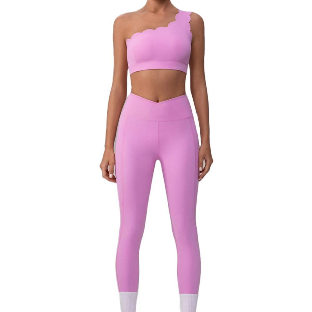 Conjunto de 2 Piezas de Yoga para Mujer Un Hombro Brassieres Deportivas y Leggings de Cintura Alta en Cruzado Conjuntos de Ropa Deportiva de Verano Chándal para Gimnasio Entrenamiento Correr