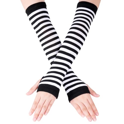 Nydotd Fingerless Long Sleeve Mittens Gloves Y2K Kawaii japanese harajuku Gothic Half Finger Knitted Arm Covers Warmer for Women (Black White)