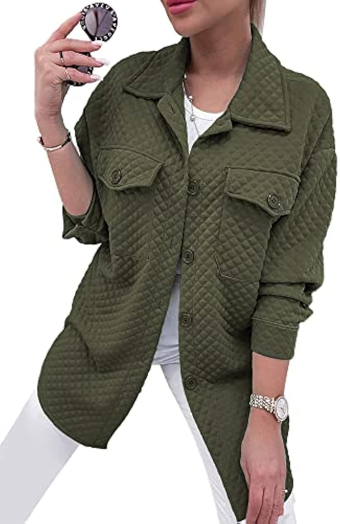 PRETTYGARDEN Women's 2023 Winter Quilted Jackets Lapel Coat Outerwear Casual Long Sleeve Button Down Blouse Shirts Tops