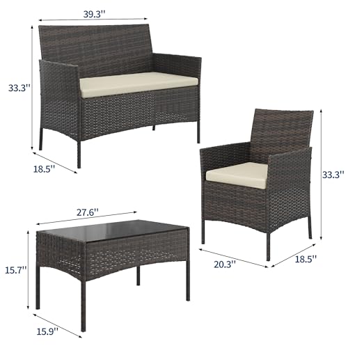 Image of GAOMON 4-Piece Patio Furniture Set, Modern PE Rattan Conversation Set with 2 Chairs, Loveseat & Tempered Glass Coffee Table, All-Weather Outdoor Seating for Garden, Porch, Balcony, Poolside