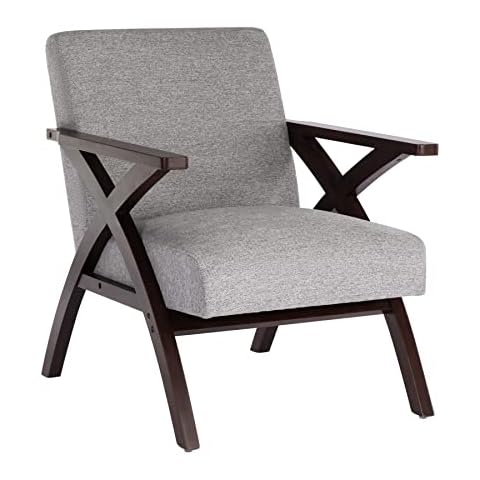 HomeMiYN Mid-Century Wooden Armchair, Upholstered Fabric Elegant X-Frame Accent Chair, Retro Comfy Padded Lounge Chair for Living Room Bedroom Reception Reading, Dark Green (Grey) Cover