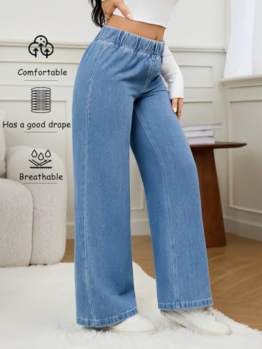Image of ADBUCKS Women's Stretchy Elastic Waist Wide-Leg Jeans - Minimalist Pocket-Free Drapey Denim Pants, Comfortable Pull-On Style, Ideal for Daily Commute & Casual Wear