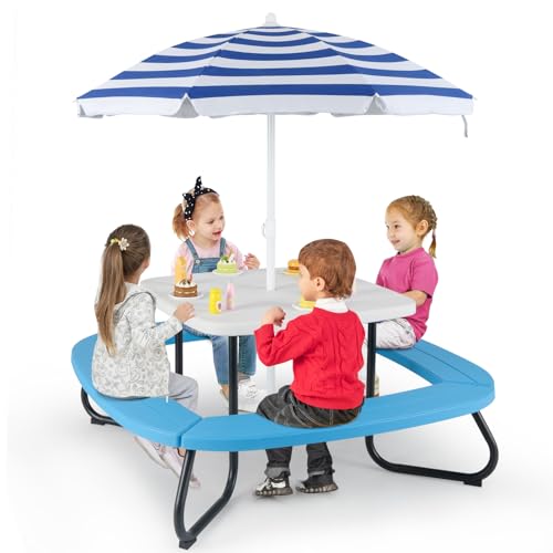 Costzon Kids Picnic Table, 8 Person Kids Outdoor Table and Chairs with Foldable & Adjustable Umbrella, 4 Built-in Benches, Toddler Outdoor Furniture for Backyard, Patio, Garden (Blue)
