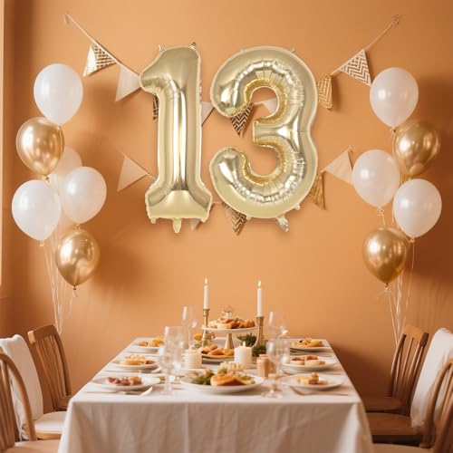 Image of Champagne Large Number 13 Balloon, 40 Inch Light Gold Foil Helium Number Balloons, Giant Mylar Number 13 Balloons for 13 Years Old Birthday Party Anniversary Decorations (Champagne Gold 13)