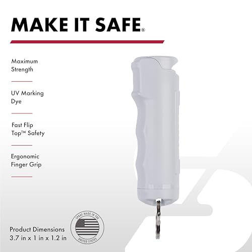 Image of SABRE Pepper Spray with Fast Flip Top Safety & Snap‑Clip Keychain for Self Defense - Maximum Police Strength OC with UV Marking Dye, Finger Grip, 10‑Sec. Spray, 14-ft Range, Made in USA, 0.54 fl oz