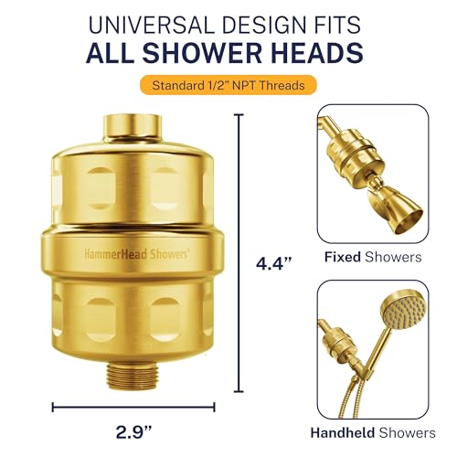 Image of HammerHead Showers Solid Metal Shower Head Filter - KDF 55 Shower Filter, High Pressure Universal Shower Filters to Remove Toxic Chemicals - Removes Chlorine and Heavy Metals - Brushed Gold