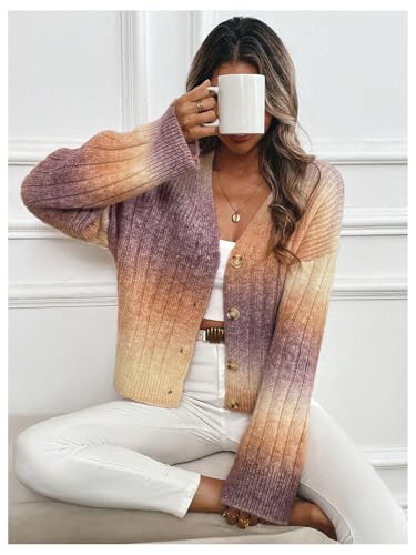 Image of MakeMeChic Women's Colorful Chunky Cropped Cardigans Button Down Long Sleeve Drop Shoulder Rainbow Sweater Khaki Large