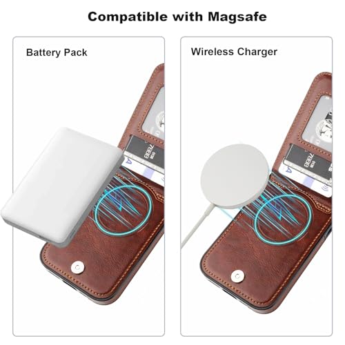 Image of KIHUWEY for iPhone 13 Pro Case Wallet Compatible with MagSafe Wireless Charging, Credit Card Holder, RFID Flip Leather Magnetic Clasp Kickstand Heavy Duty Protective Cover 6.1 Inch (Brown)
