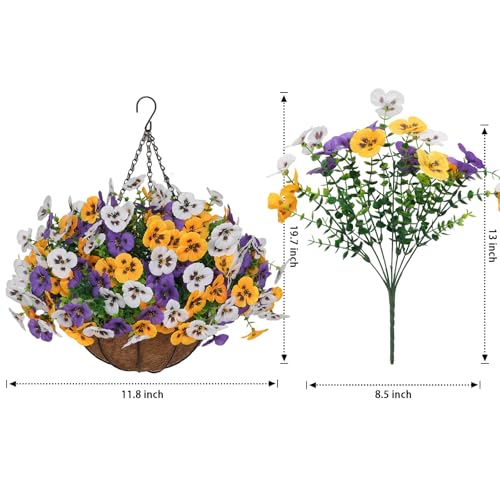 Image of 2 Set Artificial Hanging Flowers with Basket for Outdoor Decor, 24 Pcs Silk Pansy Fake Plants for Garden Porch Patio Balcony Yard Home Decoration