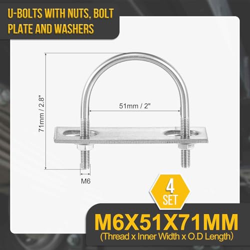 Image of DTGN M6x51x71mm U Bolts Round Kit - 4Set - 304 Stainless Steel U-Bolt Kit with Nuts, Washers, Frame Plate - Good for Pipe, Trailer, Automotive, Leaf Spring Fastener