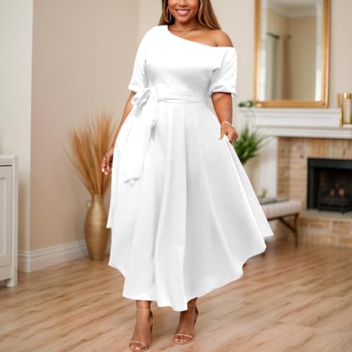Image of Plus Size Women Wedding Guest Dress Off Shoulder Boat Neck Irregularly Flowy Midi Church Dress