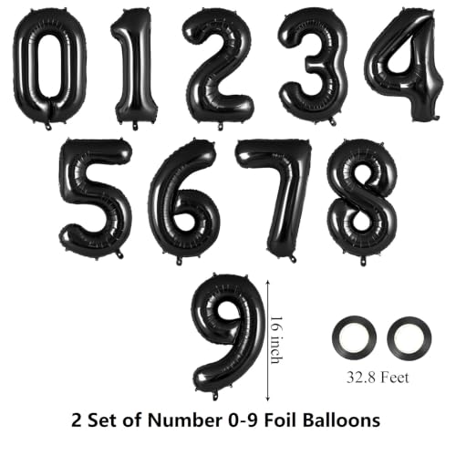 Image of 20 Pcs 16 Inch Black Number 0-9 balloons, Number Foil Balloons, Small Mylar Numbers Balloon Custom Digital Balloons for Birthday Aniversary Baby Shower Party Decorations Supplies (Black 2 Set)