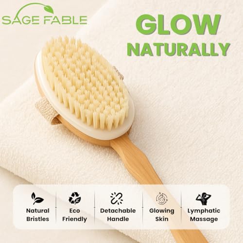 Image of GlowBrush: Dry Body Brush for Lymphatic Drainage & Glowing Skin with Detachable Long Handle - Manage Cellulite & Exfoliation.