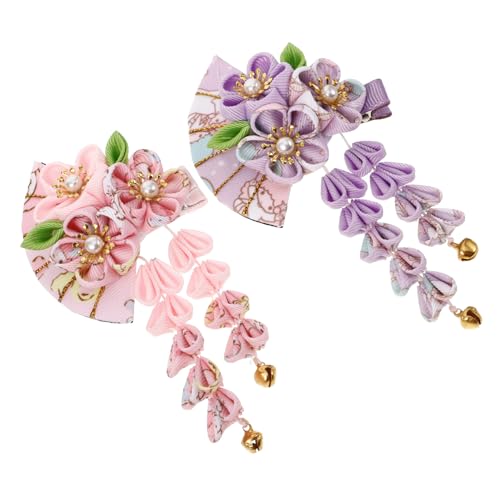 2個 着物かんざし 和風ヘアアクセサリー 金属製のヘアクリップ 女性のための ヘアクリップ 花嫁のヘアクリップ 和風髪留め 女性のヘアピン 花房かんざし ファンヘアバレッタ 布