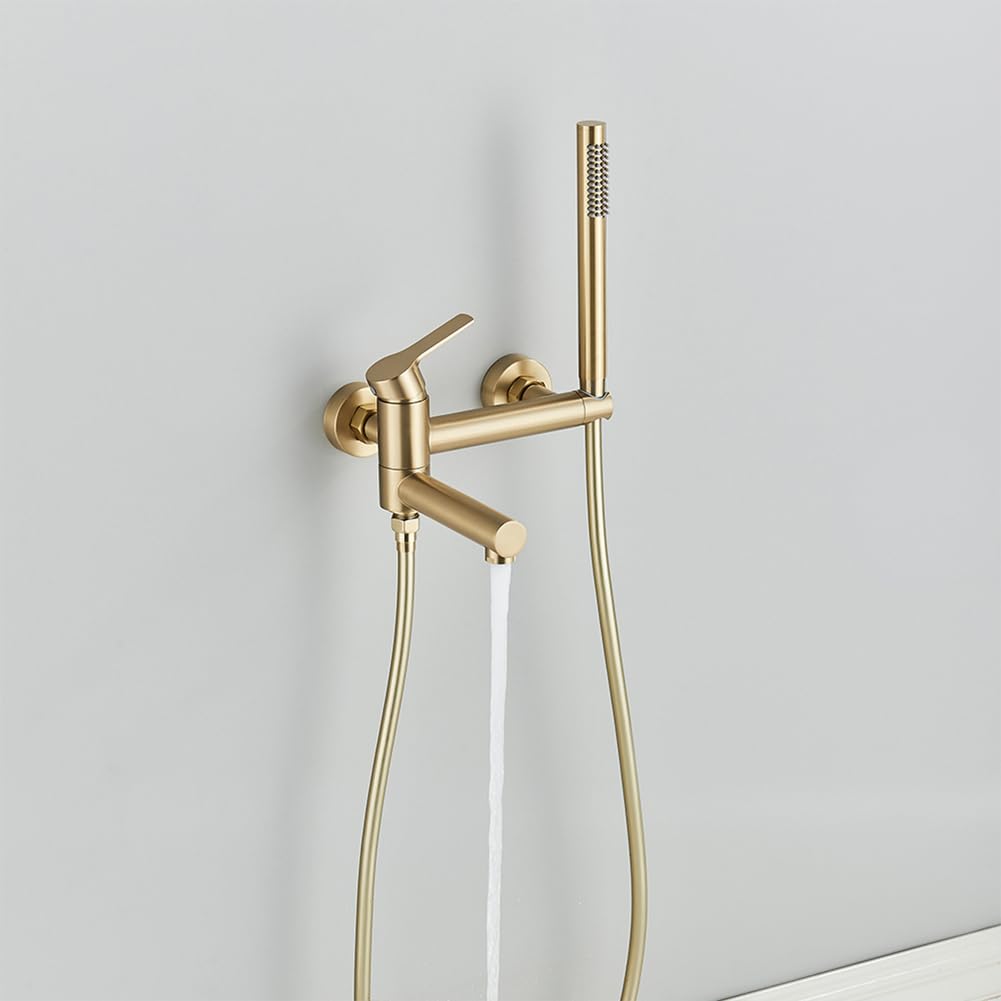 Szczotkowana złota bateria wannowa z montowaną na ścianie głowicą prysznicową 150 cm wąż trwała mosiężna konstrukcja elegancka bateria łazienkowa do nowoczesnego wystroju