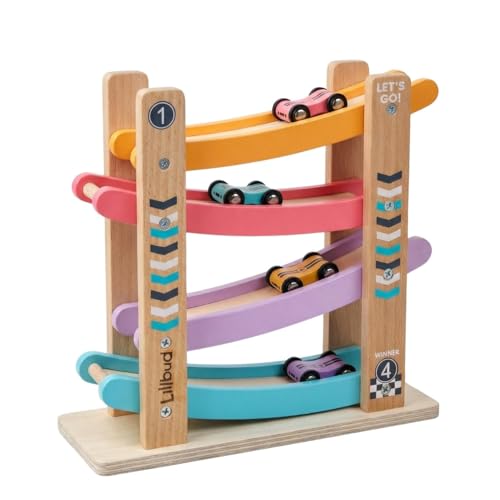 Image of Wooden Ramp Racer Car Toy for Kids (2-5 Years), 4-Level Zig Zag Racing Track with 4 Sliding Cars | Builds Motor Skills & Cause-Effect Learning | Educational Gift for Kids