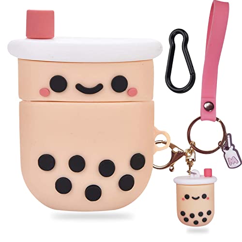 Boba AirPod Case Cute Cover with Keychain, Pink Tea Silicone Protective Case for AirPods 1 & 2, Girls Women (1st Generation)