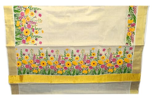 Image of Women's Mural Printed Kerala Gold Tissue Saree with Running Blouse Piece | Traditional South Indian Ethnic Saree for Festivals, Weddings & Special Occasions