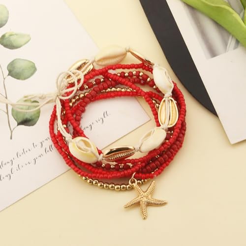 Image of Shell Anklets Bracelet for Women Waterproof Surfer Starfish Bracelet Puka Shell Anklet Colorful Boho Stack Stretch Bead Bracelet Set Hawaii Summer Beach Vacation Foot Jewelry