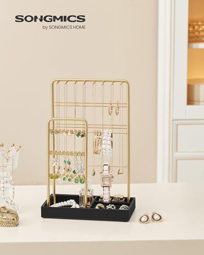 Image of SONGMICS Jewelry Holder, Jewelry Organizer Display Stand with Metal Frame, Velvet Tray, Necklace Earring Bracelet Holder, for Studs, Rings, Gift Idea, Pale Gold and Ink Black UJJS021AB02
