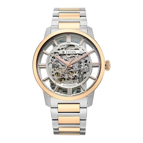 Image of Titan See-Through Skeletal Automatic Analog with White Dial Bimetal Rose Gold & Steel Strap Watch for Men - 90220KM01