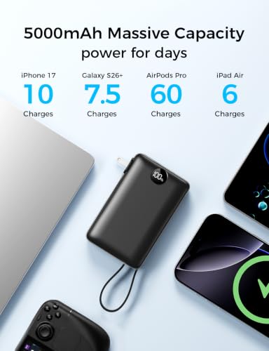 Image of Portable Charger Power Bank 50000mAh Massive Capacity, Built-in Wall Plug USB-C & iOS Cables, 22.5W Fast Charging Battery Pack with LED Display, Travel Essential for Camping, iPhone, Samsung Black