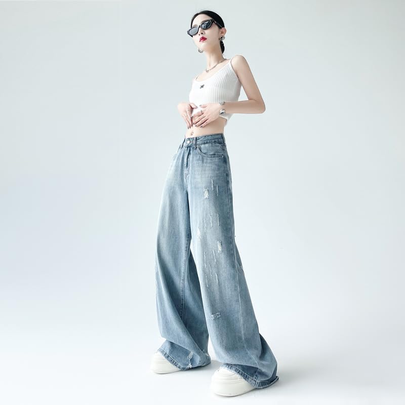 Women's Loose high Waisted Slimming Straight Leg Pants Retro Washed Ripped Pants Wide Leg Jeans Woman4