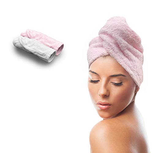 KEEPOZ Hair Towel Wrap Quick Dry 100% Cotton Super Absorbent Turban Head Wrap for Women with Button, Anti Frizz Hair Products, Hair Cap for Curly, Long & Thick Hair (2pcs) (Pink+White)