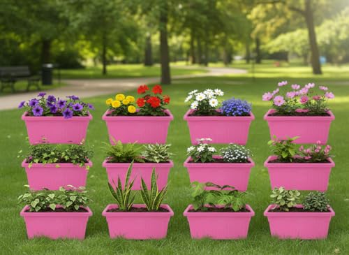 Image of Bianco Rectangular Plastic Pots for Plants, Jupiter Flower Pots for Home, Window Display, Garden (35 x 18.5 x 15 cm) (Pink) (Pack of 12)