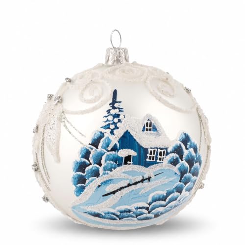 Hand Blown Glass Ball Christmas Ornament, 5 in, Frozen Winter Silver