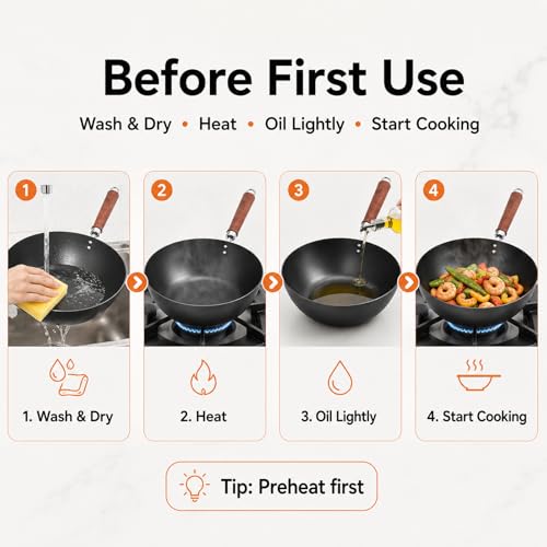 Image of WANGYUANJI 10.24-Inch Carbon Steel Wok with Lid, Flat Bottom Small Wok Pan for 1-3 Servings, Uncoated Stir Fry Pan, Glass Lid, Induction /Gas /Electric Compatible, Wood Handle, Black