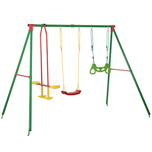Outsunny 3 in 1 Kids Swing Set w  Monkey Bar Rings Glider and Adjustable Hanging Rope, Multiple Kids Playground Equipment for Backyard 6-12 Years Old