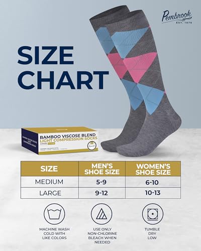 Image of Pembrook Bamboo Viscose Light Compression Socks - 3 Pairs | 8-15 mmHg Light Compression Socks for Women and Men | Knee High Navy, Dark Grey, Light Grey Argyle | Knee High Mens and Womens
