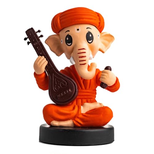 Image of Ganesh Idol for Car Dashboard Bobblehead, Home Decor Items for Living Room, Office Desk, Ganpati Murti for Gifting, God Statue for Good Luck, Superhero Action Figure, Sitar and Kartal, Orange