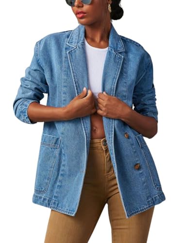 chouyatou Women's Fall Business Casual Denim Blazer Suit Loose Office Boyfriend Jean Jacket