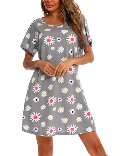 Image of ENJOYNIGHT Womens Cotton Nightgown Short Sleeve Sleepshirt Print Nightshirt | Short-Sleeve Crew Neck, Soft Cotton Fabric, Cartoon Printed Sleep Shirt, Loose Fit