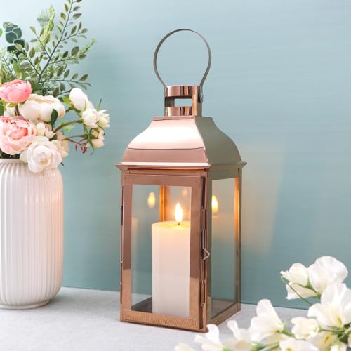 JHY DESIGN Stainless Steel Lanterns, 31.5cm High Candle Holders with Tempered Glass Outdoor Candlesticks for Garden Indoor Parties Weddings Vintage Hanging (Rose Gold) - Cosy Home Interiors JHY DESIGN Stainless Steel Lanterns, 31.5cm High Candle Holders with Tempered Glass Outdoor Candlesticks for Garden Indoor Parties Weddings Vintage Hanging (Rose Gold) - Image 2