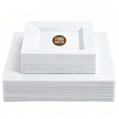 Pryntono 100 Pack White Square Plastic Plates Includes 50 Dinner Plates 9.5 and 50 Dessert Plates 6.5 Heavy Duty Disposable Plates for Wedding Holiday Party Birthday White