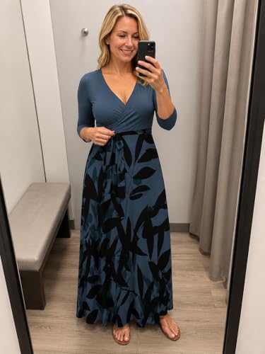 Image of Plus Size Maxi Dress for Women V Neck 3 /4 Sleeve Wrap Dress