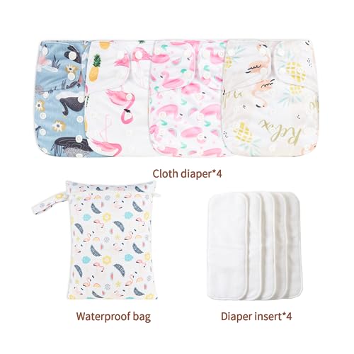 Image of HappyFlute 9 Sets Newborn Baby Cloth Pocket Diapers Adjustable Reusable for Baby Boys and Girls(6-33 pounds,0-3 Years),One Wet Bag+4Diapers and 4Inserts (AD08)
